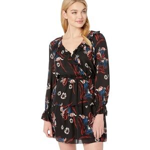 JOIE Nour Black Pink Red &‎ Blue Plunging Neck Floral Tiered Ruffle Dress NWOT L